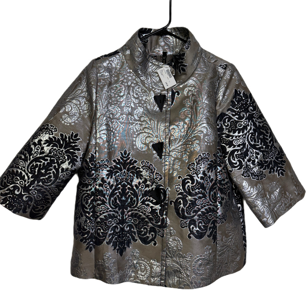 IC by Connie K Jacket Womens Medium Taupe Metallic Floral Holiday Pleat Button